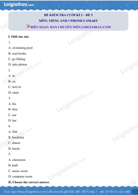 Đề thi học kì 2 Tiếng Anh 3 Phonics Smart - Đề số 5